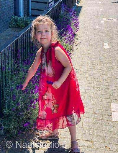 meisje-in-zijde-rode-jurk-plukt-lavendel