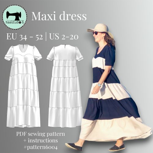 maxi dress voorbeeld en schematische tekening van het patroon PDF