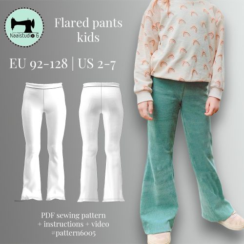 kind met een groenen flared pants aan gemaakt met patroon 6005 van naaistudio 6