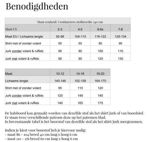 tabel met daarin aangegeven hoeveel stof je nodig hebt