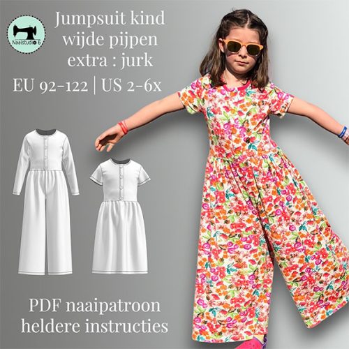 thumbnail jumpsuit kind naaipatroon. Kind in een bloementjes jumpsuit met grijze achtergrond