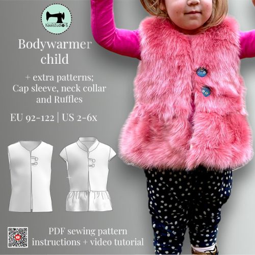 meisje met een roze fluffy bodywarmer aan met haar handen omhoog, een schematische tekening van het naaipatroon van de bodywarmer