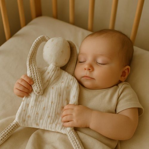 Een slapende baby in een ledikant knuffelt een crèmekleurig konijnenknuffeldoekje.