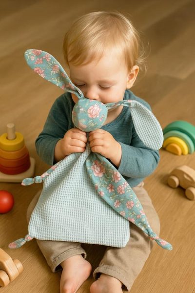 Een baby zit op een houten vloer en knuffelt een konijnenknuffeldoekje met bloemenprintoren en een lichtblauwe wafelstof.