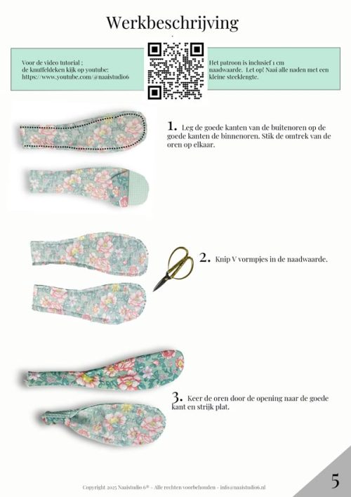 Een werkblad met instructies voor het naaien van stoffen oren, met stap-voor-stap foto's en een QR-code en link naar een YouTube-videohandleiding.