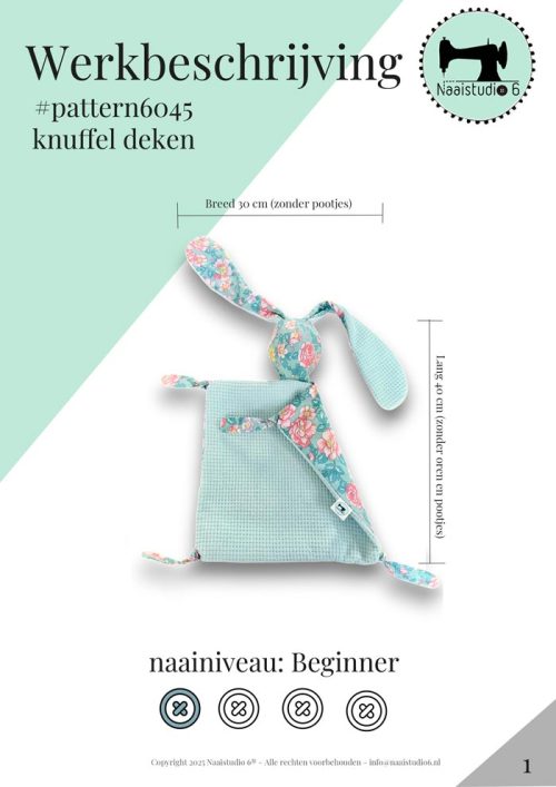 Voorblad van PDF-werkbeschrijving naaipatroon knuffeldeken – patroon #6045 van Naaistudio 6, geschikt voor beginners, met afmetingen in beeld.